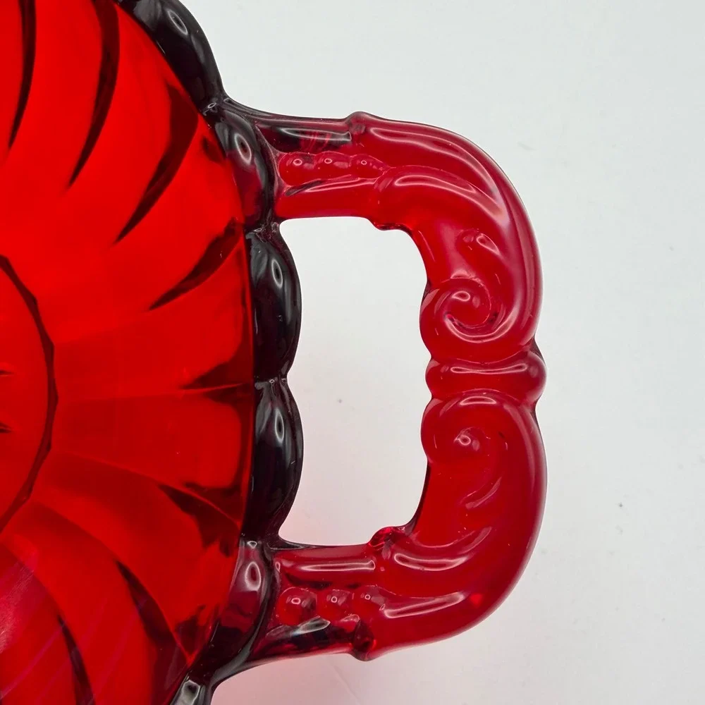 Vintage Ruby Red Glass Double Handled Candy Dish Bowl Starburst Base 6.25